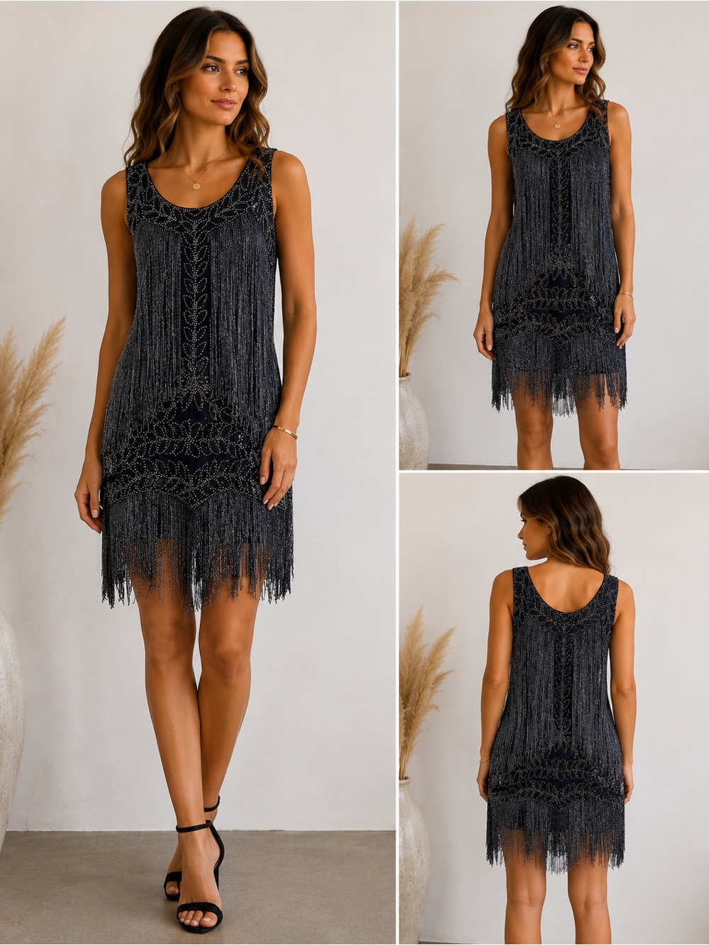 1920s Gatsby Style Beaded Fringe Flapper Dress Art Deco Cocktail Party Size S